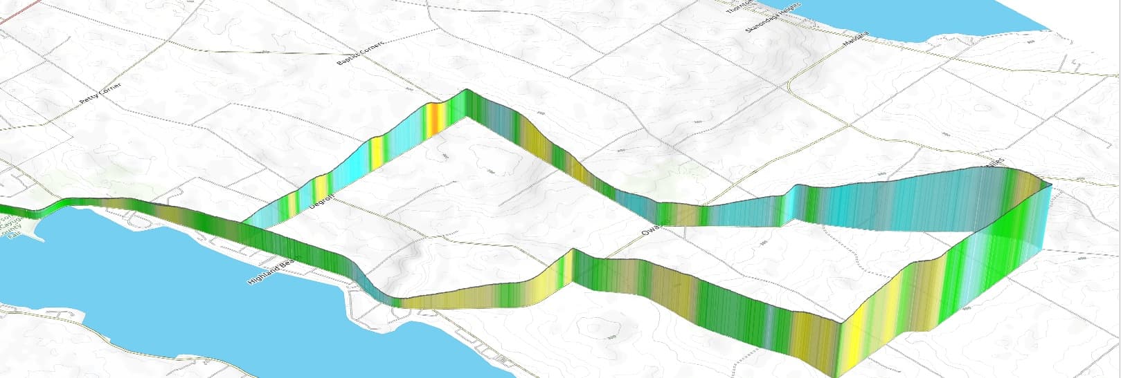 Three-dimensional elevation profile of the Great Race long course rendered along Owasco Lake's north shore.