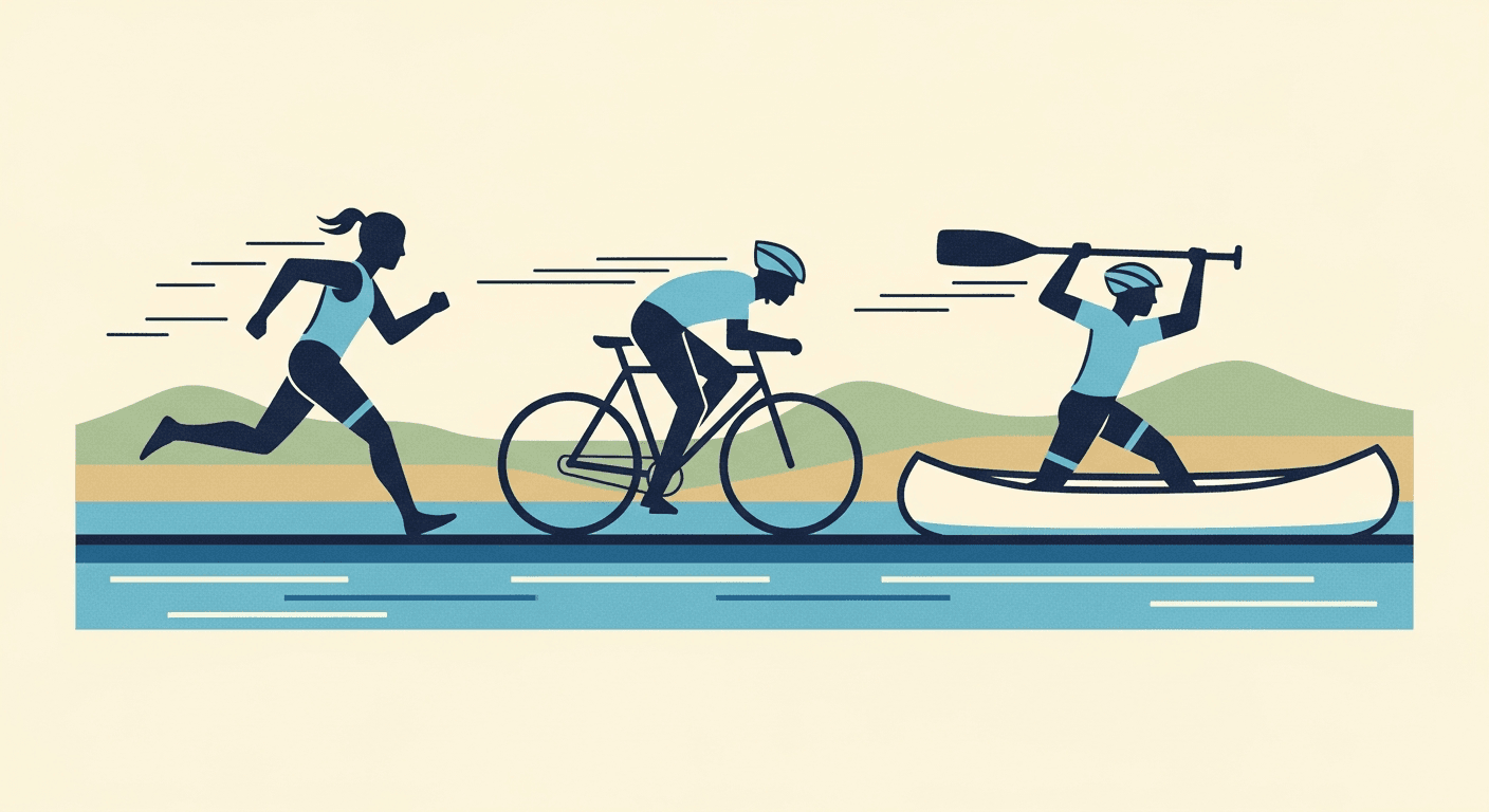 Illustrated poster of runner, cyclist, and paddler at a lakeside relay handoff