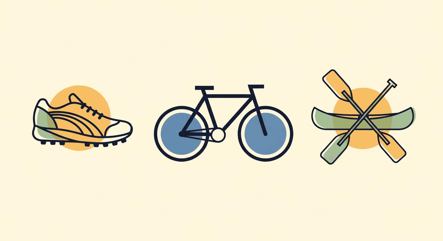 Illustrated poster of the three relay legs: running shoe, bicycle, and canoe paddle