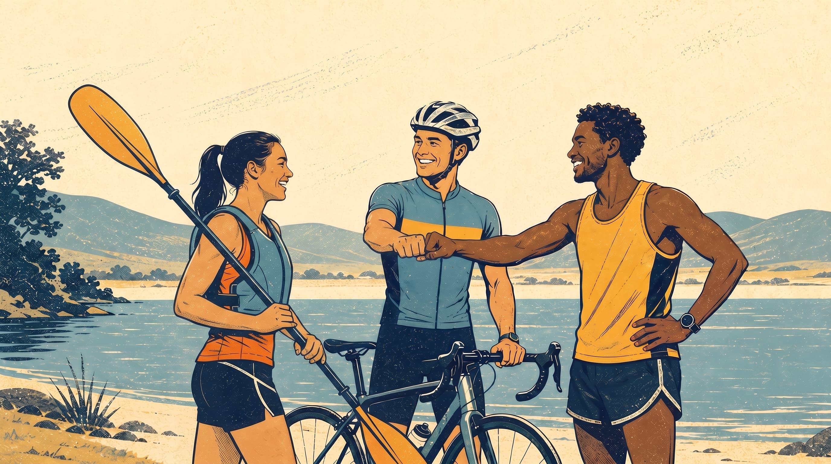 Illustrated poster of a paddler, cyclist, and runner meeting by the lake