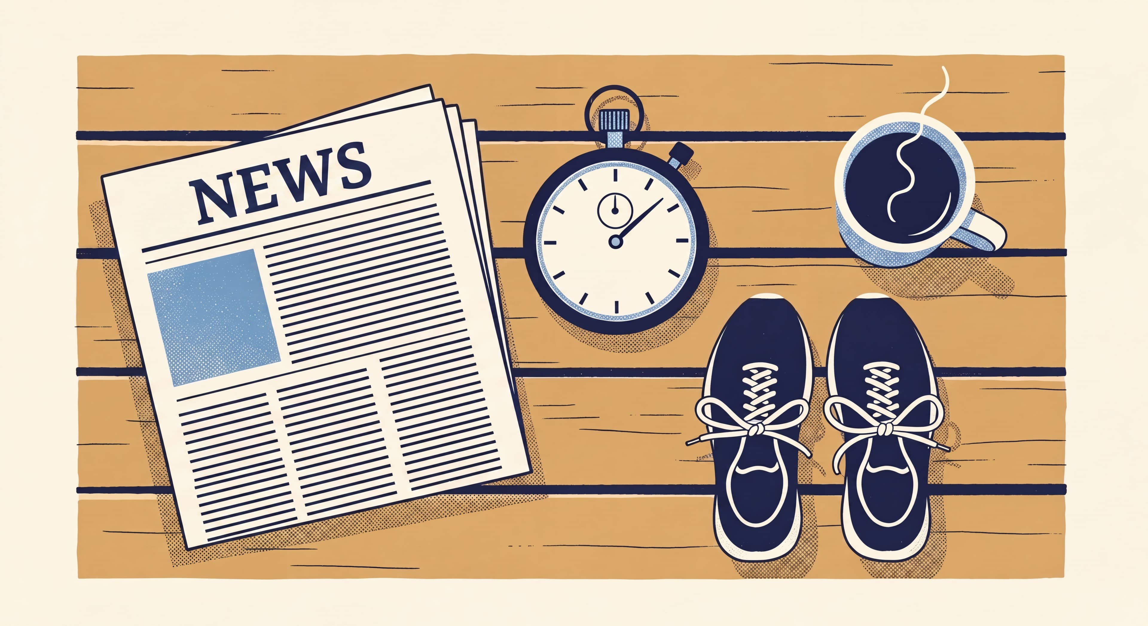 Illustrated poster of a race-week desk with newspaper, stopwatch, and running shoes