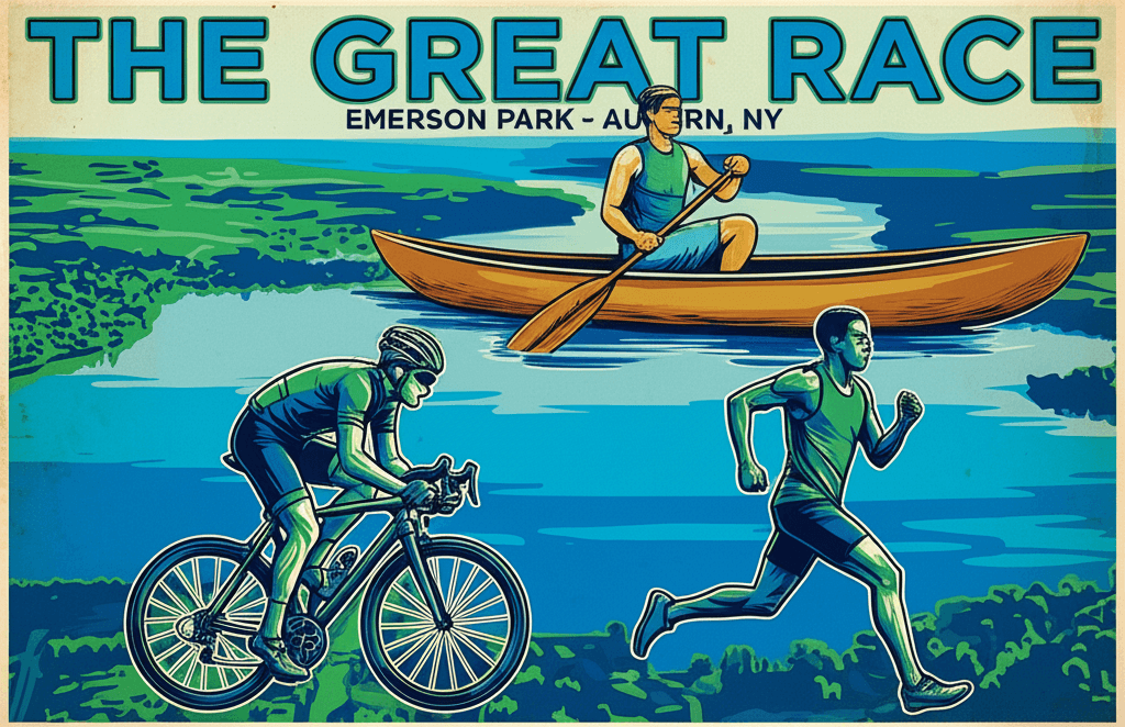 Illustration of a runner, cyclist, and paddler at the Great Race.