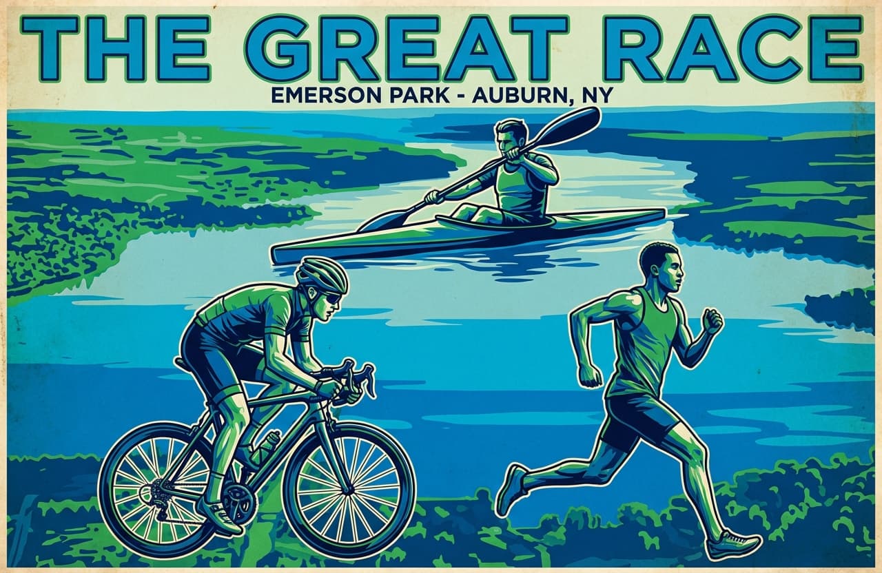 Illustration of a Great Race runner, cyclist, and paddler.