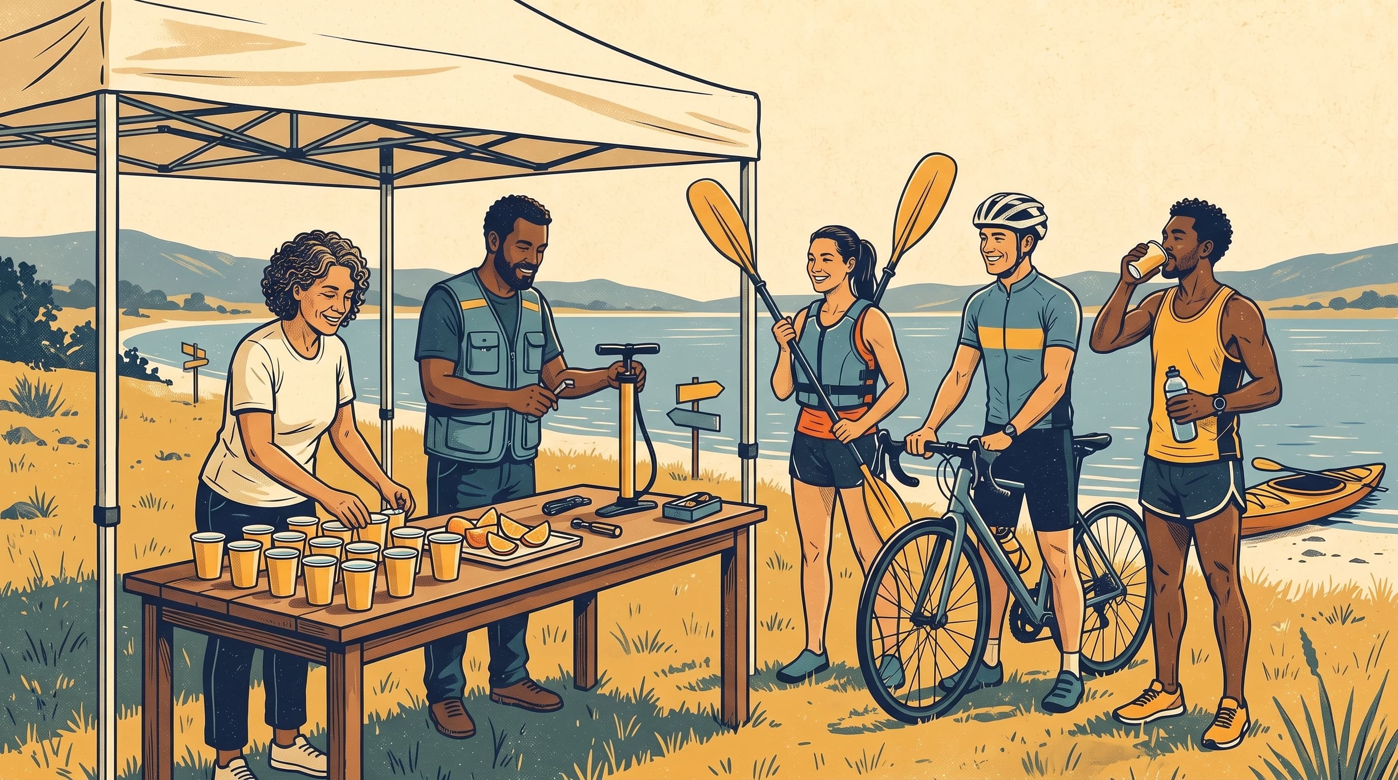 Illustrated poster of community partners supporting racers at a lakeside aid station